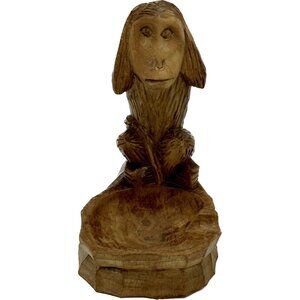 Vtg Wooden Hand Carved Monkey Ashtray Hear No Evil Sitting Statue Cigar Wood HTF